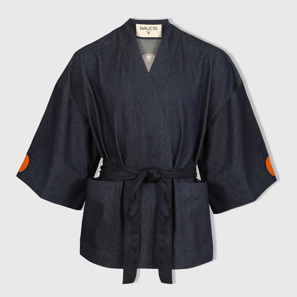 Kimono fabriqué à partir d'un jean LVMH, made in France, brodé à Paris (broderie)